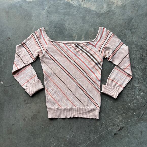 Guess Collection Long Sleeve Blouse Womens M Peach Brown Striped Square Neck Top - Picture 10 of 14